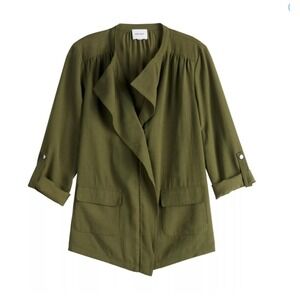 Nine West Women's Olive Green Draped Open Front 3/4 Sleeve Pocket Jacket size L